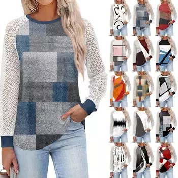 Женские футболки с длинным рукавом, топы с круглым вырезом и кружевом, повседневные блузки, модные топы L бежевый