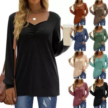 Женские футболки с длинным рукавом, U-образный вырез, однотонные свободные весенние свитера, осенние топы S чёрный