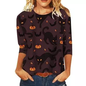 Женские футболки с длинным рукавом (Женский) Женская повседневная футболка с круглым вырезом и 3D-цифровой печатью на тему Хэллоуина S