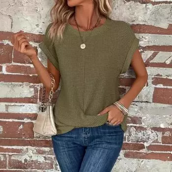Женские футболки с длинными рукавами и круглым вырезом, вафельная блузка, лето 2025, новый однотонный топ Kink, элегантные офисные женские топы, модная уличная одежда S зелёный