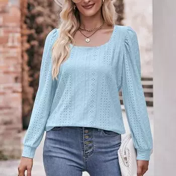 Женские футболки с длинными рукавами и квадратным вырезом, новые однотонные элегантные офисные женские футболки S чёрный