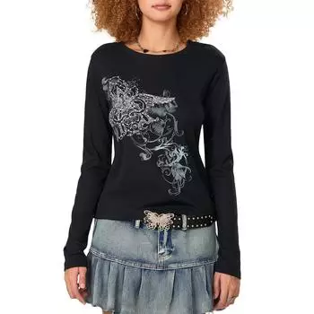 Женские футболки с длинными рукавами, модные, с принтом крыльев, с круглым вырезом, повседневные, осенние, пуловеры S чёрный