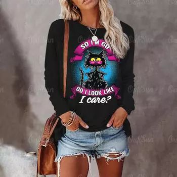 Женские футболки с длинными рукавами, повседневная свободная женская одежда, топы с забавным рисунком кота, модная уличная трендовая женская футболка, пуловер S