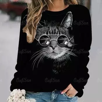 Женские футболки с длинными рукавами с милым принтом кота, повседневная одежда из хлопка на каждый день для женщин, модные свободные уличные свитера XXS