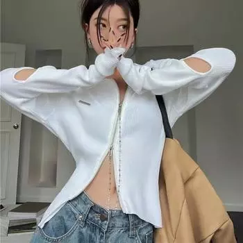 Женские футболки с двойной молнией, однотонные топы для девочек Y2K, сексуальная женская одежда для вечеринок, модные женские футболки с кисточками, топы с вырезами S чёрный