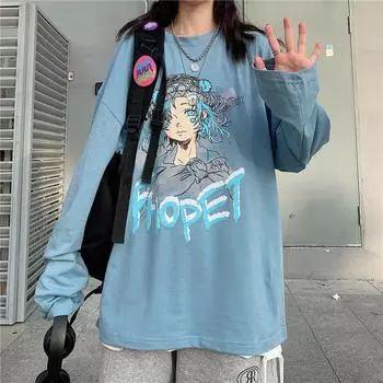 Женские футболки с графикой аниме в японском стиле Харадзюку, футболки с мультяшным принтом манги, синие топы с длинными рукавами, осенняя уличная одежда Kpop M синий
