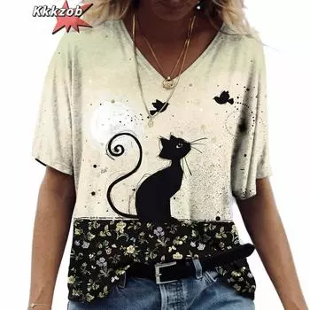 Женские футболки с изображением кошек из мультфильмов и аниме, модная футболка с 3D-принтом, повседневная женская одежда Harajuku с коротким рукавом и V-образным вырезом S