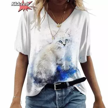 Женские футболки с изображением кошек из мультфильмов и аниме, модная футболка с 3D-принтом, повседневная женская одежда Harajuku с коротким рукавом и V-образным вырезом S