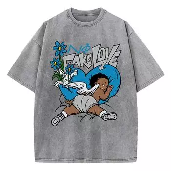 Женские футболки с кислотной стиркой Fake Love Funny Manga Prints Tees Crewneck Cotton Oversize Short Sleeve Clothes S