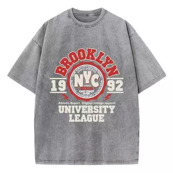 Женские футболки с кислотной стиркой, футболки с принтом лиги Бруклинского университета, состаренные, оверсайз, хлопковые, с коротким рукавом, трендовая одежда S