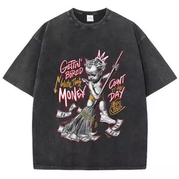 Женские футболки с кислотной стиркой, надоело это, топы с денежными принтами, оверсайз, удобные футболки с круглым вырезом, одежда S