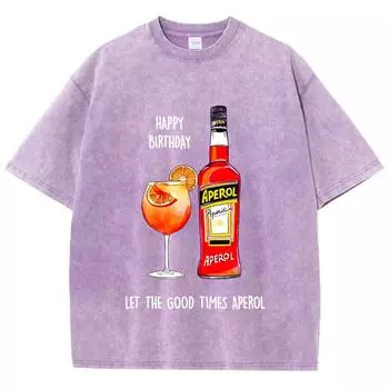 Женские футболки с кислотной стиркой, топы с принтами Aperol Spritz, состаренный круглый вырез, оверсайз, хлопковые футболки, трендовая женская одежда S