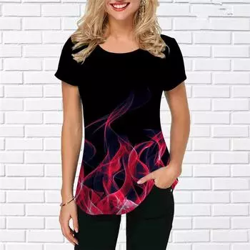 Женские футболки с коротким рукавом и 3D принтом, летние уличные пуловеры с пламенным рисунком, топы, свободная футболка большого размера, женские повседневные футболки S