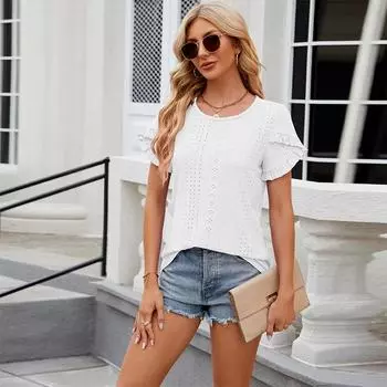 Женские футболки с коротким рукавом, летние топы с круглым вырезом, повседневные топы с рюшами и краями S