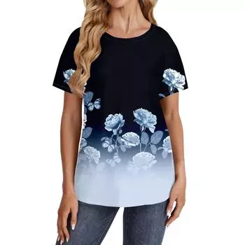 Женские футболки с коротким рукавом, милые туники с круглым вырезом, топы, базовые футболки, блузки, свободный пуловер L синий