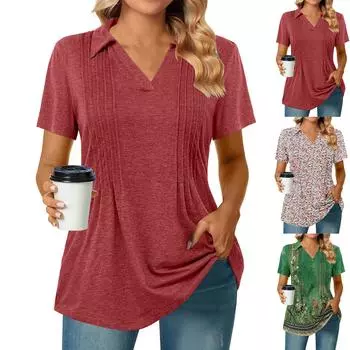 Женские футболки с коротким рукавом, плиссированные футболки с V-образным вырезом и воротником, летние топы, модные деловые повседневные рабочие блузки L чёрный