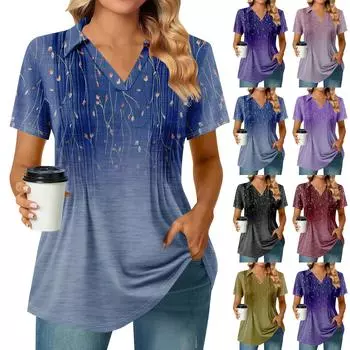 Женские футболки с коротким рукавом, плиссированные, с V-образным вырезом, с принтом, с воротником, летние топы, модные, деловые, повседневные, рабочие XXXL винный