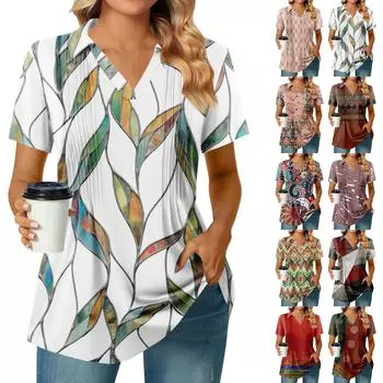 Женские футболки с коротким рукавом, плиссированные, с V-образным вырезом, с принтом, с воротником, летние топы, модные, деловые, повседневные, рабочие L кофейный