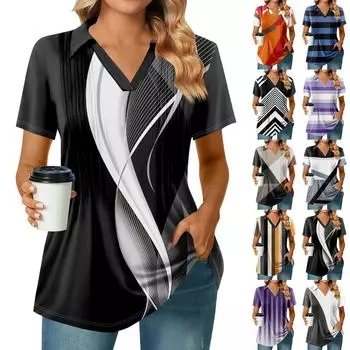 Женские футболки с коротким рукавом, плиссированные, с V-образным вырезом, с принтом, с воротником, летние топы, модные, деловые, повседневные, рабочие L чёрный