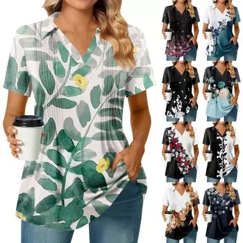 Женские футболки с коротким рукавом, плиссированные, с V-образным вырезом, с принтом, с воротником, летние топы, модные, деловые, повседневные, рабочие L чёрный