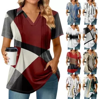 Женские футболки с коротким рукавом, плиссированные, с V-образным вырезом, с принтом, с воротником, летние топы, модные, деловые, повседневные, рабочие L чёрный