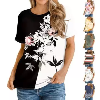 Женские футболки с коротким рукавом, свободные повседневные футболки с круглым вырезом, топы с цветочным принтом для женщин L
