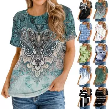 Женские футболки с коротким рукавом, свободные повседневные футболки с круглым вырезом, топы с цветочным принтом для женщин XXXL зелёный