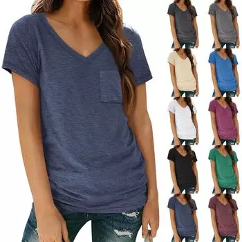 Женские футболки с коротким рукавом, топы с v-образным вырезом и карманами, летняя модная модная мягкая повседневная удобная одежда, одежда L бежевый
