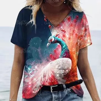 Женские футболки с короткими рукавами, женские футболки, повседневные топы с v-образным вырезом, свободная одежда с 3d животными, павлином, футболка большого размера, 2024 г. XL