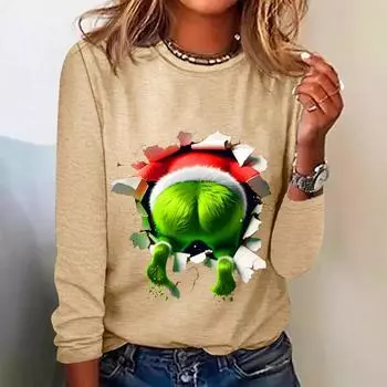 Женские футболки с круглым вырезом, 3D-принтом, забавным рождественским узором джинна, модные, повседневные, с длинным рукавом S