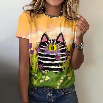 Женские футболки с круглым вырезом, элегантные, с забавным рисунком кошек, модные футболки с принтом, летние, для отдыха, популярные женские футболки с короткими рукавами S
