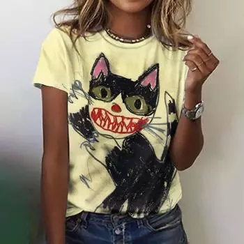 Женские футболки с круглым вырезом, элегантные, с забавным рисунком кошек, модные футболки с принтом, летние, для отдыха, популярные женские футболки с короткими рукавами XXS