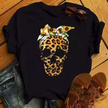 Женские футболки с круглым вырезом и принтом черепа с цветами больших размеров, свободные, с короткими рукавами, из чистого хлопка S