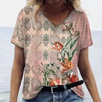 Женские футболки с круглым вырезом и принтом в стиле барокко, повседневный летний пуловер, свободная футболка с короткими рукавами, футболка большого размера, женская модная одежда, S-4xl XL