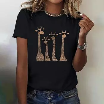 Женские футболки с круглым вырезом и принтом жирафа, повседневные летние пуловеры, свободные футболки с короткими рукавами, женская модная одежда, размеры S-4xl S