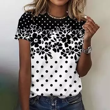 Женские футболки с круглым вырезом, повседневный пуловер с цветочным принтом в горошек, свободные футболки больших размеров с короткими рукавами, женская модная одежда, летняя 2XL