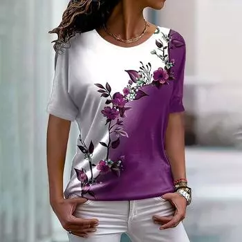 Женские футболки с круглым вырезом, с цветочным принтом, повседневная женская одежда, топы, летние тренды, свободные футболки с короткими рукавами M