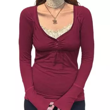 Женские футболки с кружевной отделкой, с длинными рукавами, на пуговицах, облегающие, с V-образным вырезом, осенние топы S красный