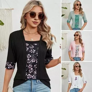 Женские футболки с квадратным воротником и половиной рукавов, пуловеры, топы, футболка из двух частей с цветочным принтом 2XL зелёный