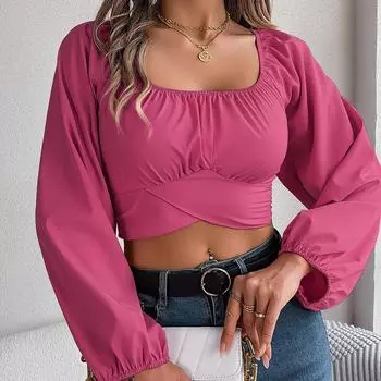 Женские футболки с квадратным вырезом и длинным рукавом, однотонная футболка, женская футболка, уличная одежда, топ S розы красного