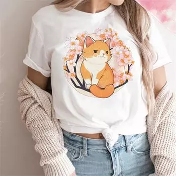 Женские футболки с милым котом, забавная футболка с графическим принтом манги, уличная одежда для девочек, одежда с аниме-графикой S