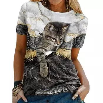 Женские футболки с милым милым котом и детскими рисунками, уличная повседневная удобная женская одежда с короткими рукавами S серый