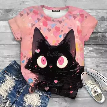 Женские футболки с милым мультяшным котом и принтом, топ, короткий пуловер с рукавами, модная повседневная футболка с круглым вырезом, женская одежда, летняя одежда XL