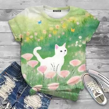 Женские футболки с милым мультяшным котом и принтом, топ, короткий пуловер с рукавами, модная повседневная футболка с круглым вырезом, женская одежда, летняя одежда 100