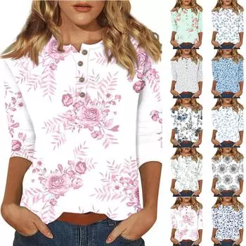 Женские футболки с милым принтом, блузки, повседневные базовые топы больших размеров, пуловеры для рубашек с рукавами 3/4 L синий