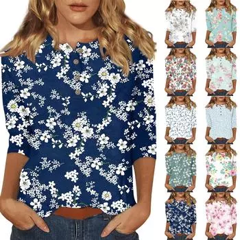Женские футболки с милым принтом, блузки, повседневные базовые топы больших размеров, пуловеры для рубашек с рукавами 3/4 L