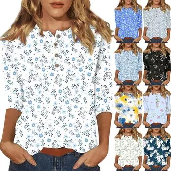Женские футболки с милым принтом, блузки, повседневные базовые топы больших размеров, пуловеры для рубашек с рукавами 3/4 L чёрный