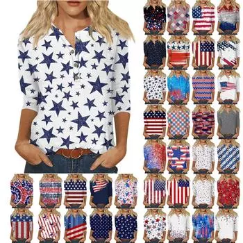 Женские футболки с милым принтом, блузки, повседневные базовые топы больших размеров, пуловеры для рубашек с рукавами 3/4 L тёмно-синий