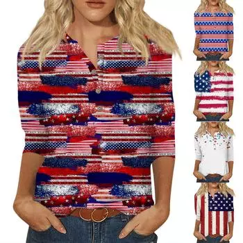 Женские футболки с милым принтом, блузки, повседневные базовые топы больших размеров, пуловеры для рубашек с рукавами 3/4 L синий