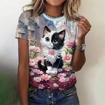 Женские футболки с милым принтом кота, модные повседневные женские футболки больших размеров с коротким рукавом и круглым вырезом, женская одежда Harajuku 2025 Лето XXS